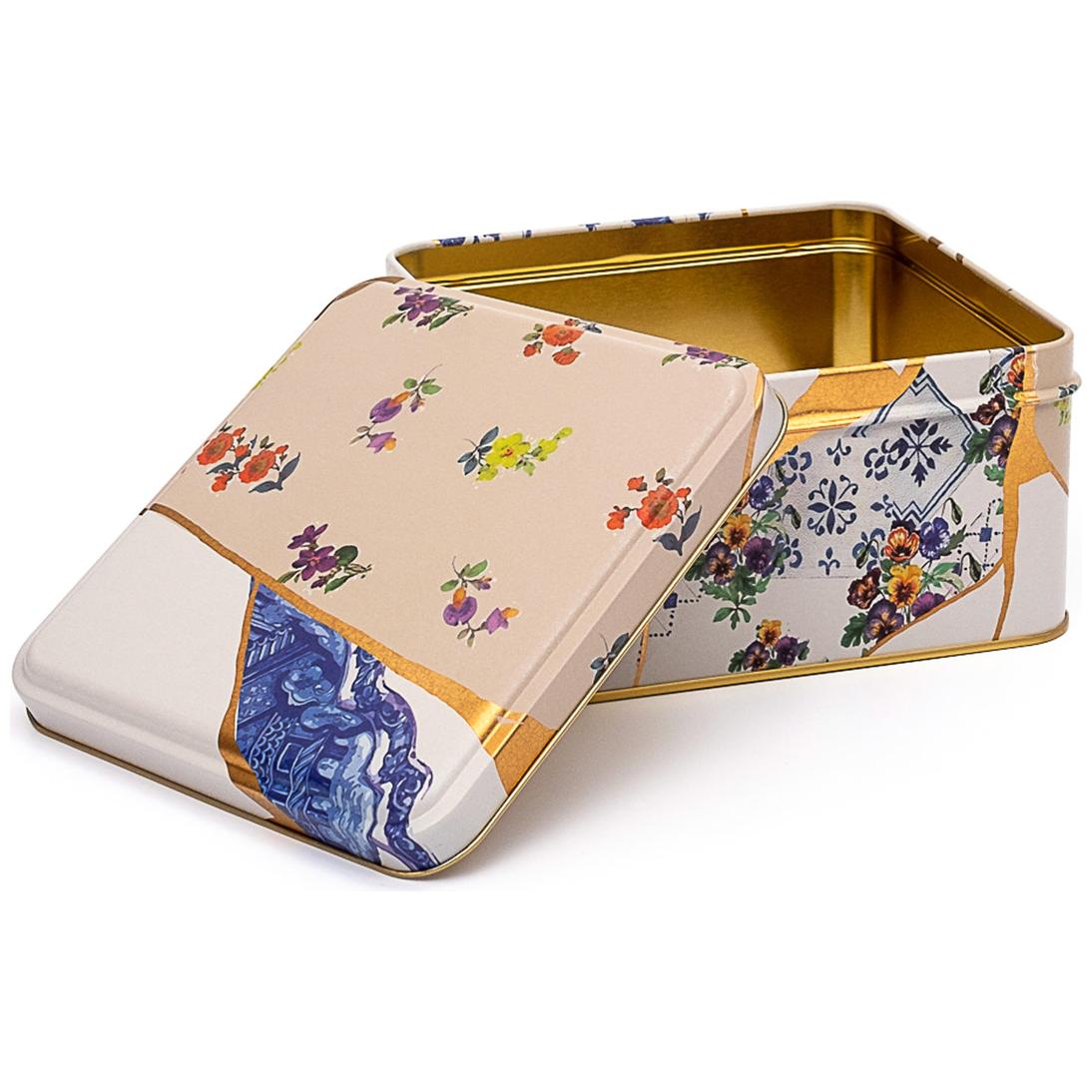 158x158x87 mm Kare Metal Saklama Kutusu 2.2L Sürgülü Kapaklı Kintsugi Altın Damarlı Çiçek Desenli — Kare Kutular — Tinbox