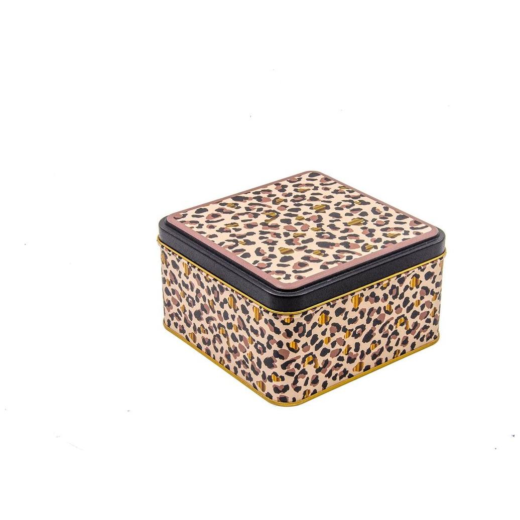 158x158x87 mm Kare Metal Saklama Kutusu 2.2L Sürgülü Kapaklı Altın Leopar Desenli — Kare Kutular — görsel 3 / 3 — Tinbox