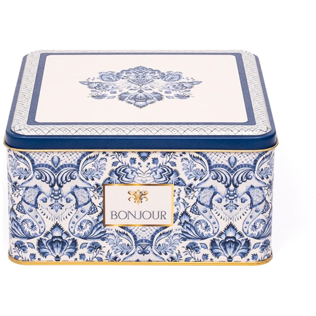 198x198x100 mm Kare Metal Saklama Kutusu 3,7 L Azulejo Esintili Mavi ve Beyaz Dekoratif Desen — Kare Kutular — görsel 2 / …