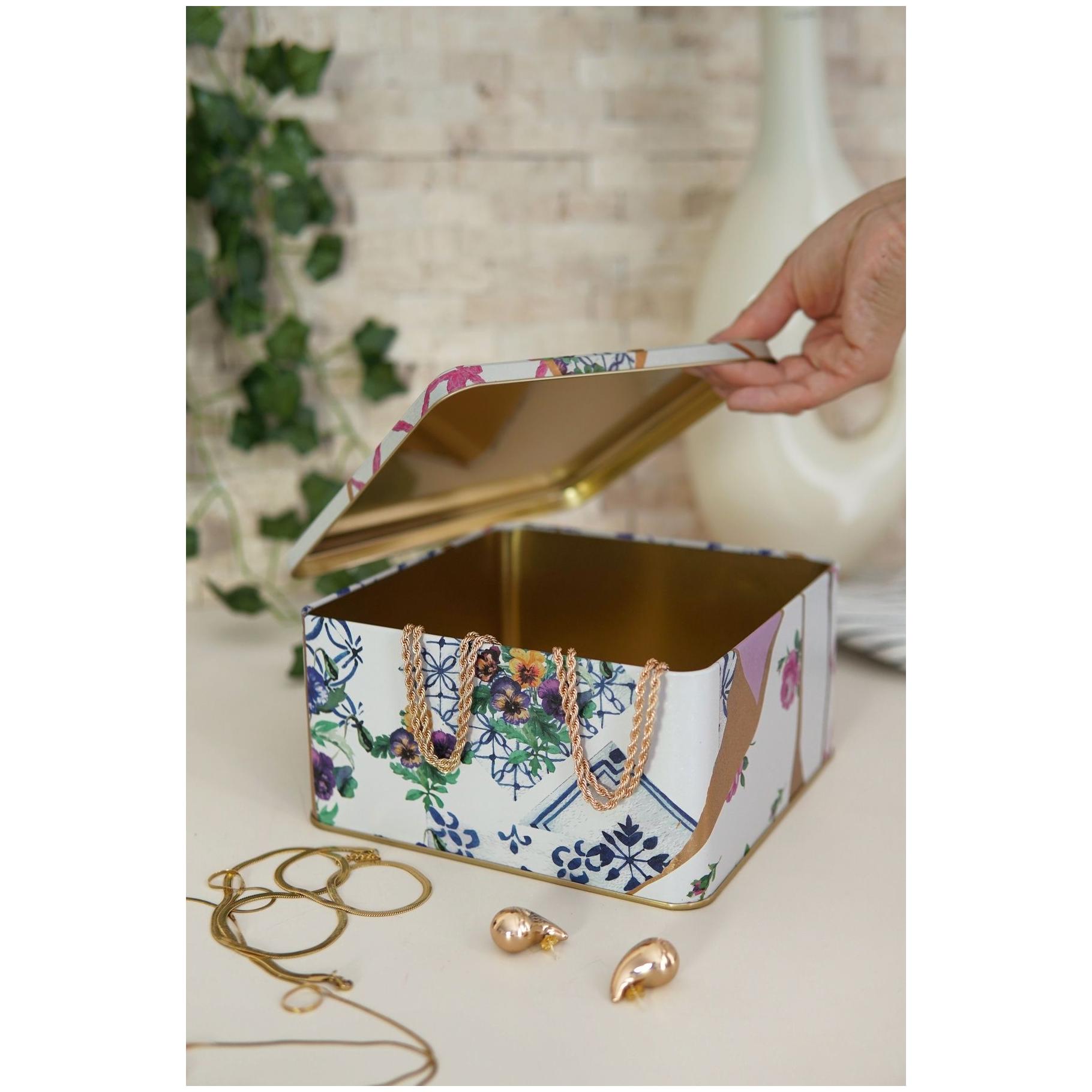 198x198x100 mm Kare Metal Saklama Kutusu 3.7L Kintsugi Altın Damarlı Çiçek Desenli — Kare Kutular — görsel 4 / 4 — Tinbox