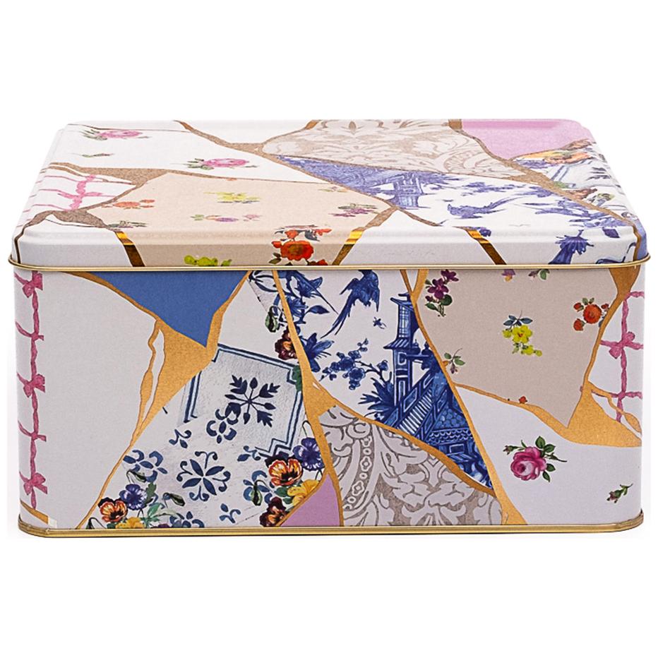 235x235x110 mm Kare Saklama Kutusu 5.8L Sürgülü Kapaklı Kintsugi Altın Damarlı Çiçek Desenli — Kare Kutular — Tinbox