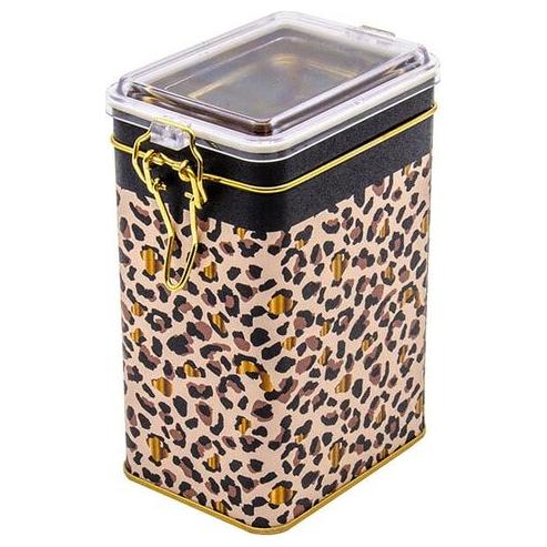 75 x 100 x 150 mm Metal Saklama Kutusu, Tel Tokalı ve Şeffaf Kapaklı, Altın Leopar Desenli — Dikdörtgen Kutular — Tinbox