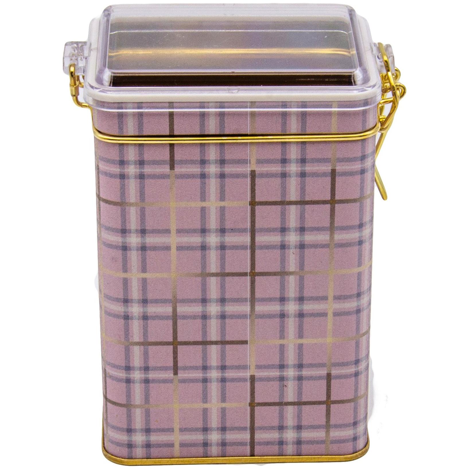 75 x 100 x 150 mm Metal Saklama Kutusu, Tel Tokalı ve Şeffaf Kapaklı, Pembe Ekose Desenli — Dikdörtgen Kutular — Tinbox