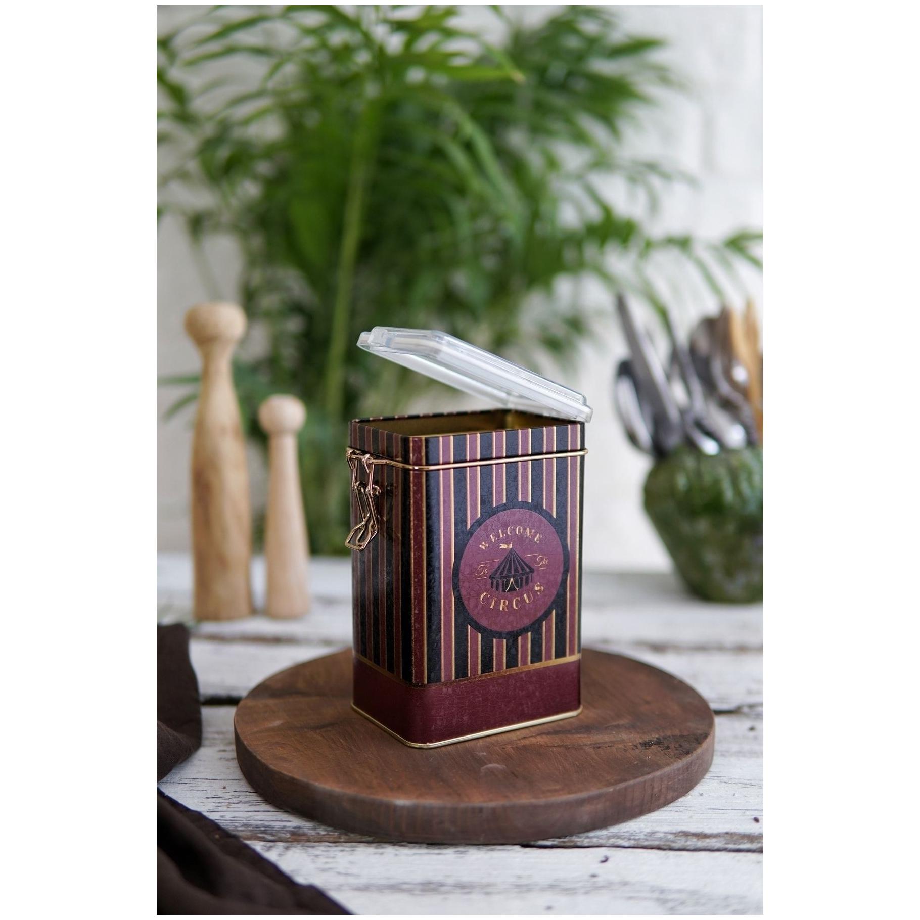75 x 100 x 150 mm Metal Storage Tin with Wire Clasp and Transparent Lid Vintage Circus Elegance — Rectangular Boxes — Tinbox