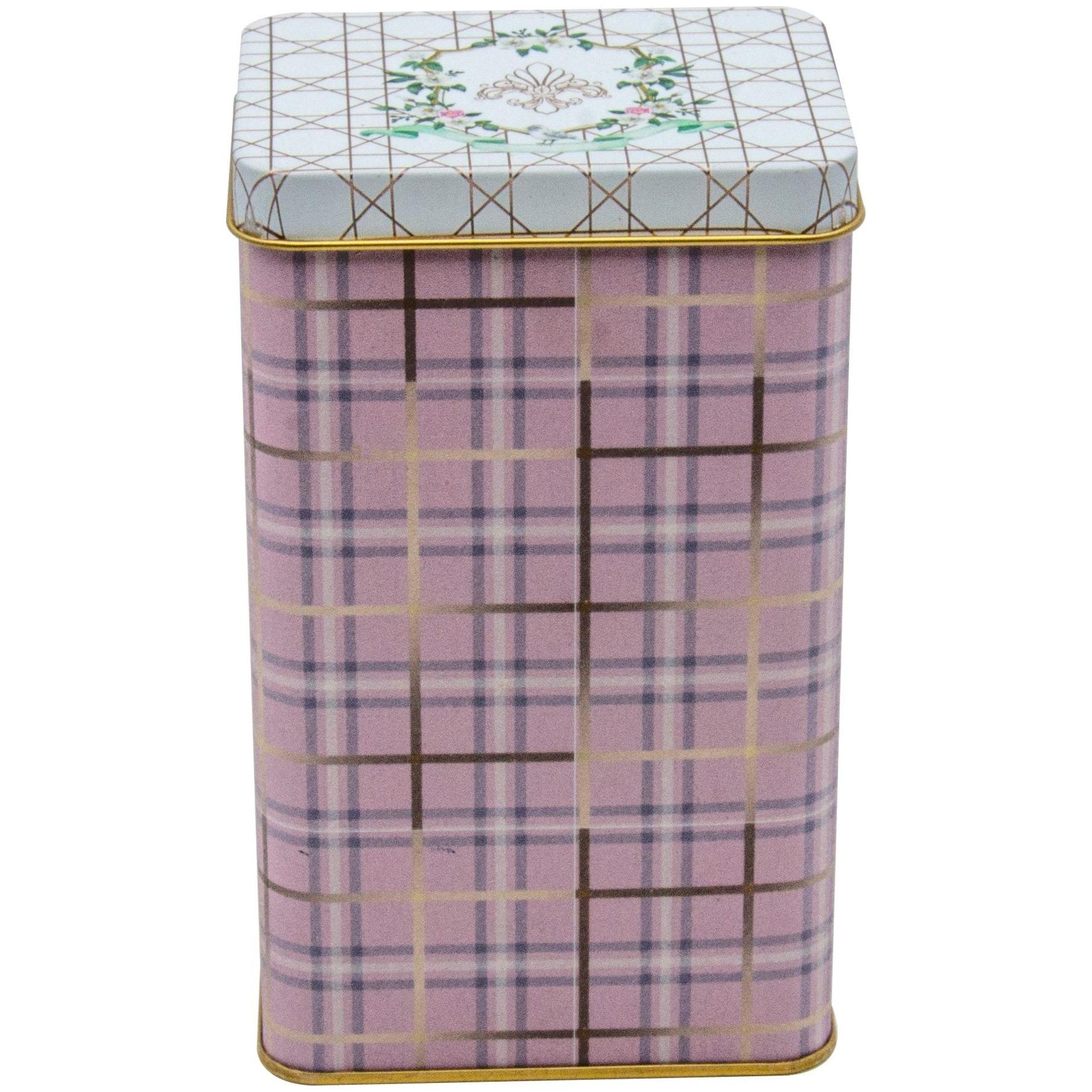 75x100x150 mm Dikdörtgen Metal Saklama Kutusu 1.1L Sürgülü Kapaklı Pembe Ekose Desenli — Dikdörtgen Kutular — Tinbox
