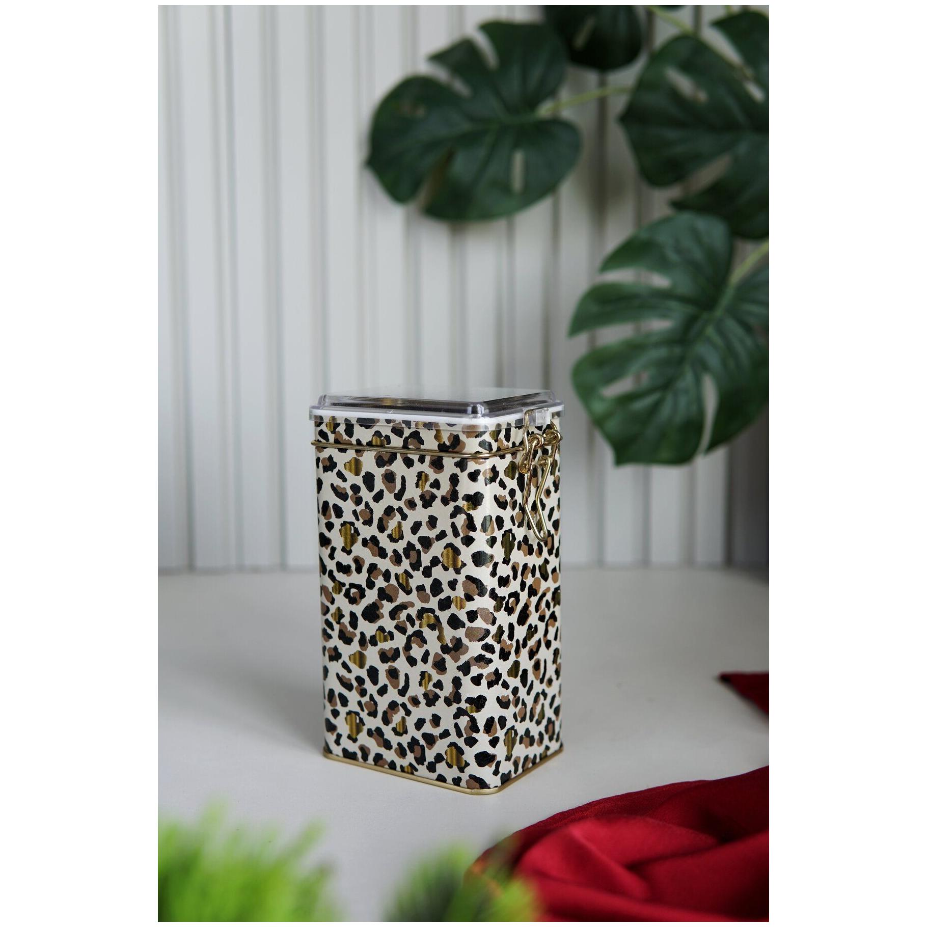 75x100x170 mm Dikdörtgen Metal Kutu 1.1L Tel Toka ve Şeffaf Kapak Altın Leopar Desenli — Dikdörtgen Kutular — görsel 2 / 3…