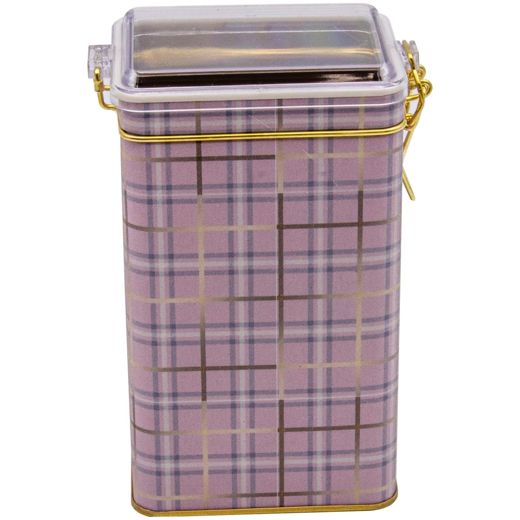 75x100x170 mm Dikdörtgen Metal Kutu 1.1L Tel Toka ve Şeffaf Kapak Pembe Ekose — Dikdörtgen Kutular — Tinbox