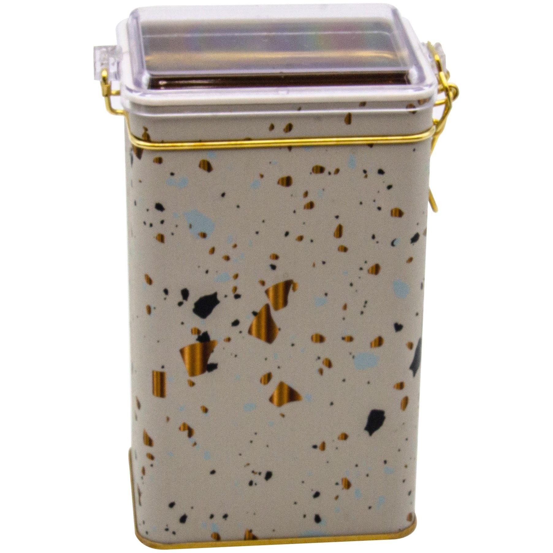 75x100x170 mm Dikdörtgen Metal Kutu 1.1L Tel Kilitli ve Şeffaf Kapaklı Terrazzo Krem — Dikdörtgen Kutular — Tinbox