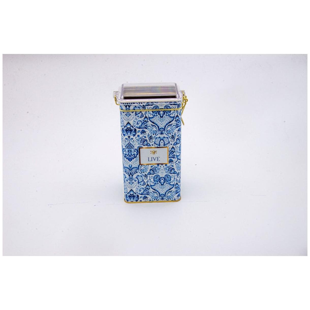 75x100x190 mm Dikdörtgen Metal Kutu 1.3L Tel Kilitli ve Şeffaf Kapaklı Azulejo Esintili Mavi ve Beyaz Dekoratif Desen — Di…