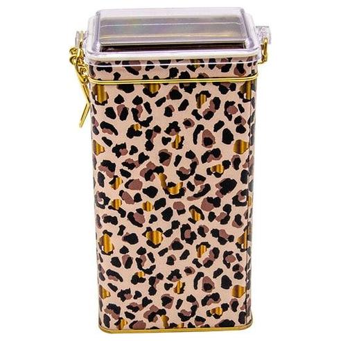 75x100x190 mm Dikdörtgen Metal Kutu 1.3L Tel Toka ve Şeffaf Kapak Altın Leopar Desenli — Dikdörtgen Kutular — görsel 2 / 3…