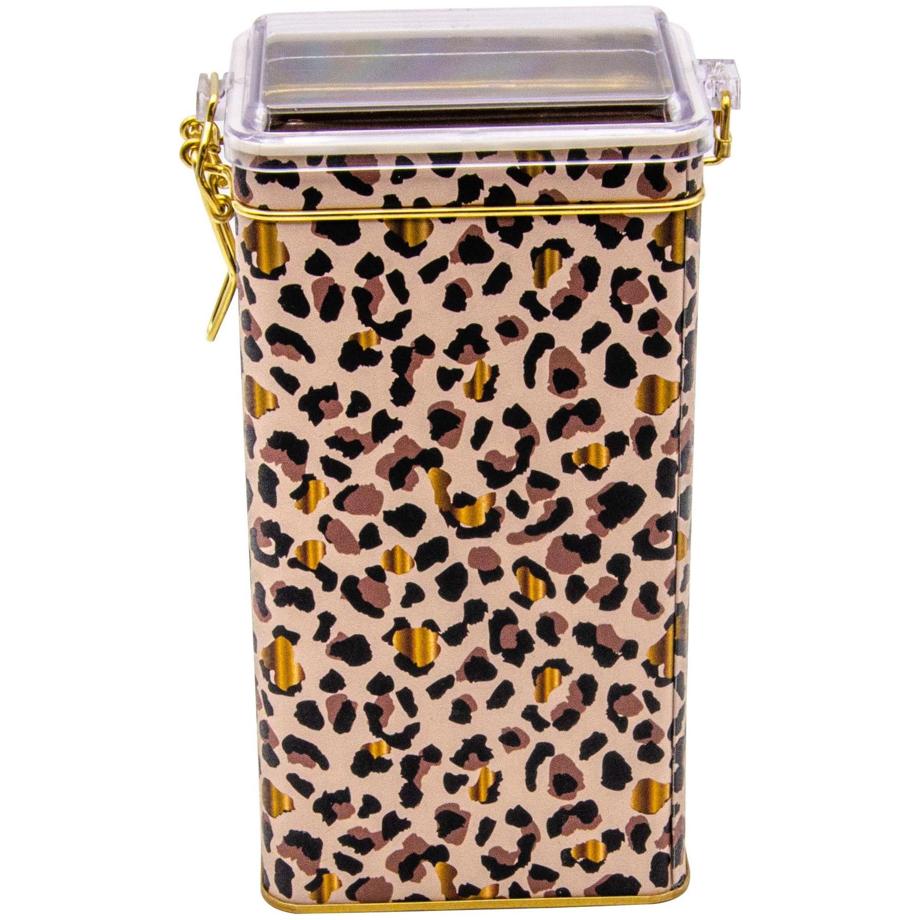 75x100x190 mm Dikdörtgen Metal Kutu 1.3L Tel Toka ve Şeffaf Kapak Altın Leopar Desenli — Dikdörtgen Kutular — Tinbox