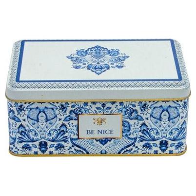 115x190x80 mm Dikdörtgen Metal Saklama Kutusu 1.6L Azulejo Esintili Mavi ve Beyaz Dekoratif Desen — Dikdörtgen Kutular — g…
