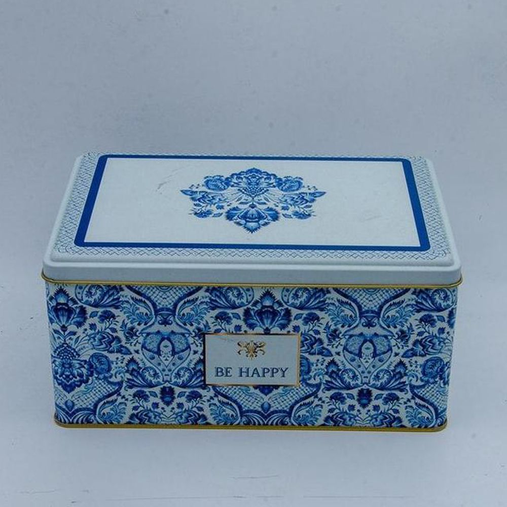 170x260x100 mm Rectangular Metal Storage Box Slip Lid 5.1L Azulejo-Inspired Blue & White Decorative Pattern — Rectangular …