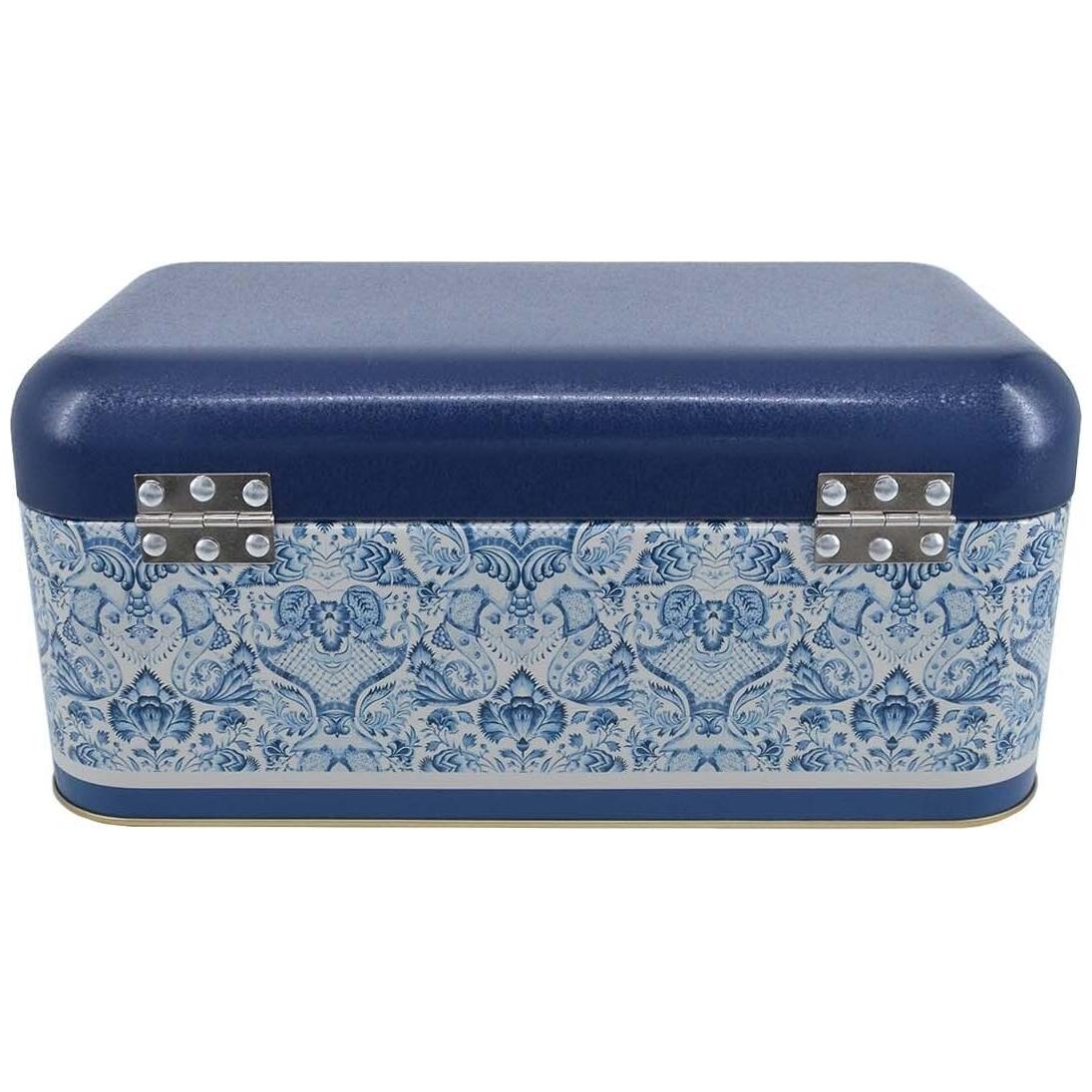 209 x 365 x 120 mm Dikdörtgen Ekmek Kutusu, 9 Litre, Menteşeli Kapak, Azulejo Esintili Mavi ve Beyaz Dekoratif Desen — Ekm…