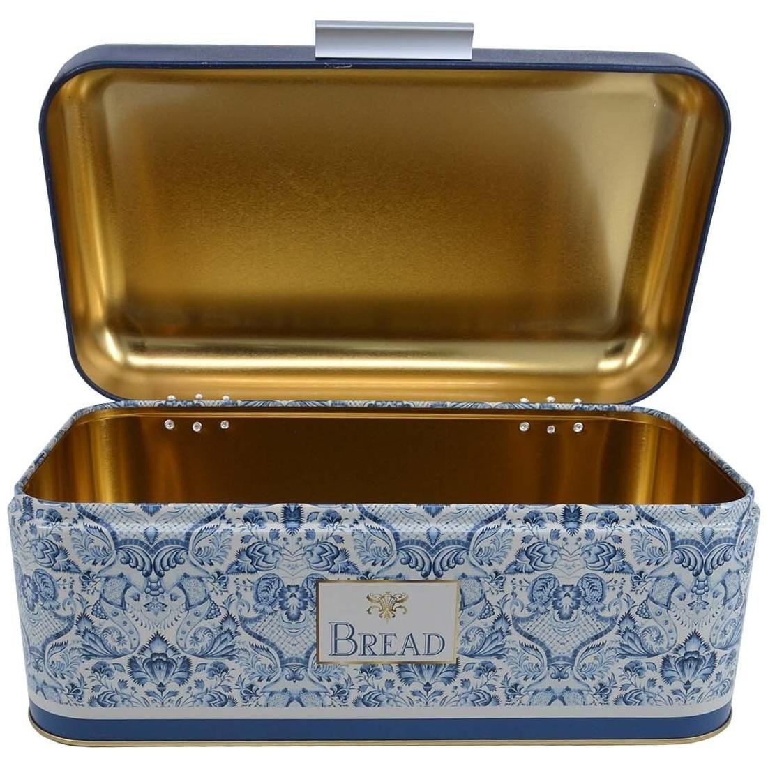 209 x 365 x 120 mm Dikdörtgen Ekmek Kutusu, 9 Litre, Menteşeli Kapak, Azulejo Esintili Mavi ve Beyaz Dekoratif Desen — Ekm…