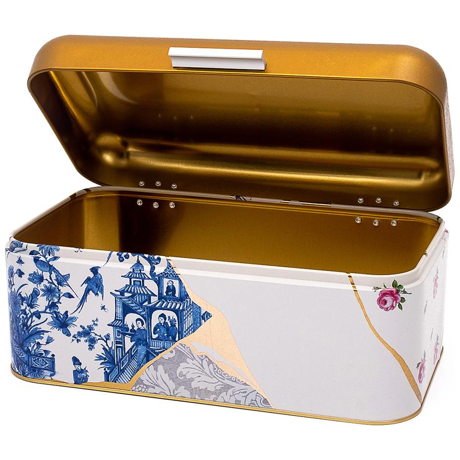 209 x 365 x 120 mm Dikdörtgen Ekmek Kutusu 9L Menteşeli Kapak Kintsugi Altın Damarlı Çiçek Desenli — Ekmeklik — görsel 2 /…