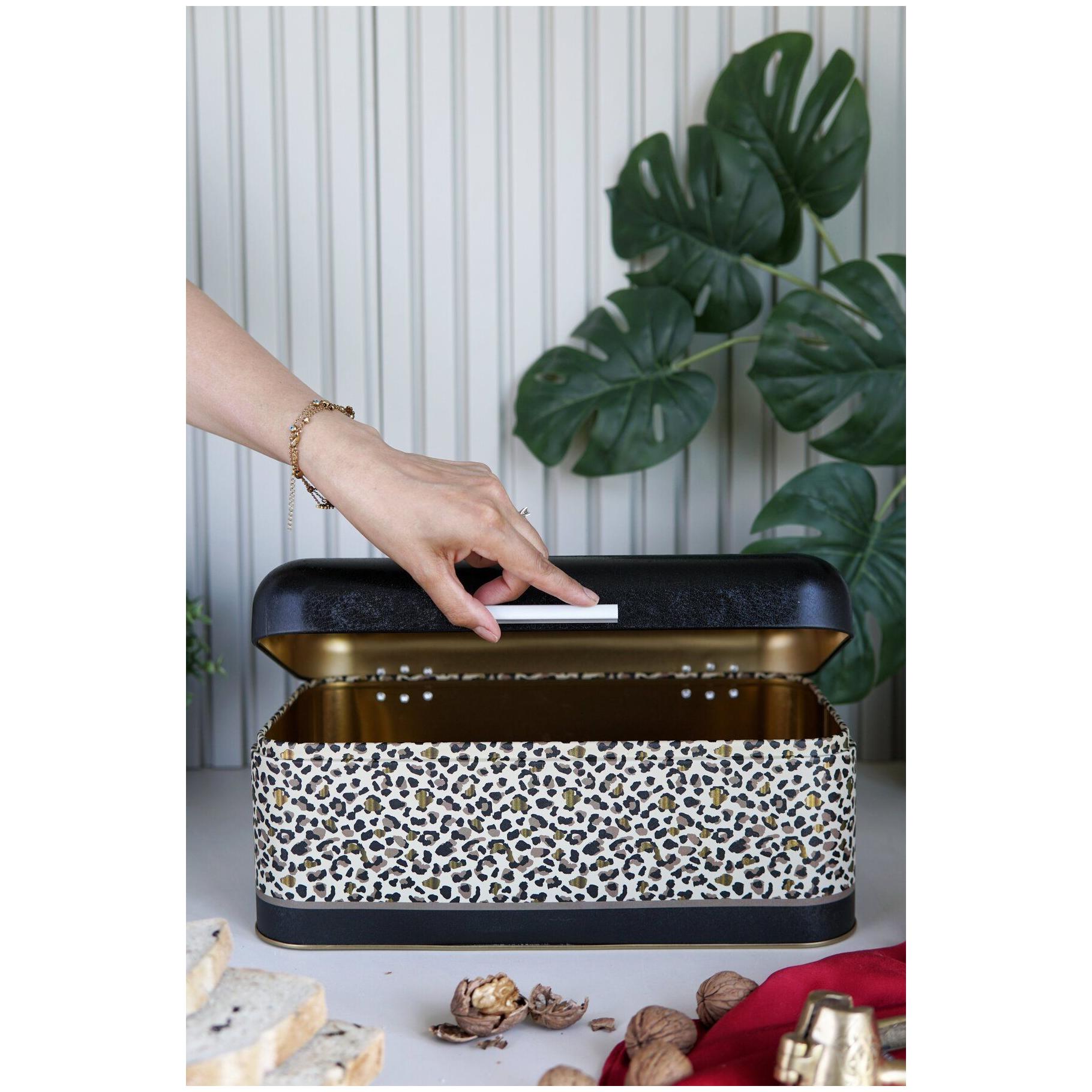 209 x 365 x 120 mm Dikdörtgen Ekmek Kutusu, 9 Litre, Menteşeli Kapak, Altın Leopar Desenli — Ekmeklik — görsel 4 / 4 — Tinbox