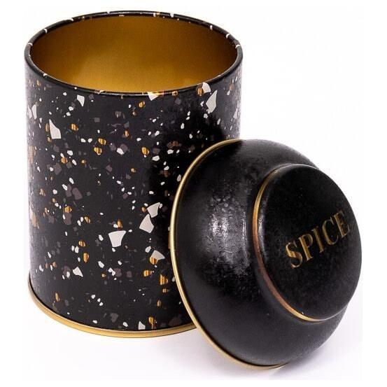 Ø90 x 110 mm Yuvarlak Metal Kutu – 0,6 L, Kubbeli Kapaklı, Terrazzo Siyah — Yuvarlak Kutular — görsel 2 / 3 — Tinbox