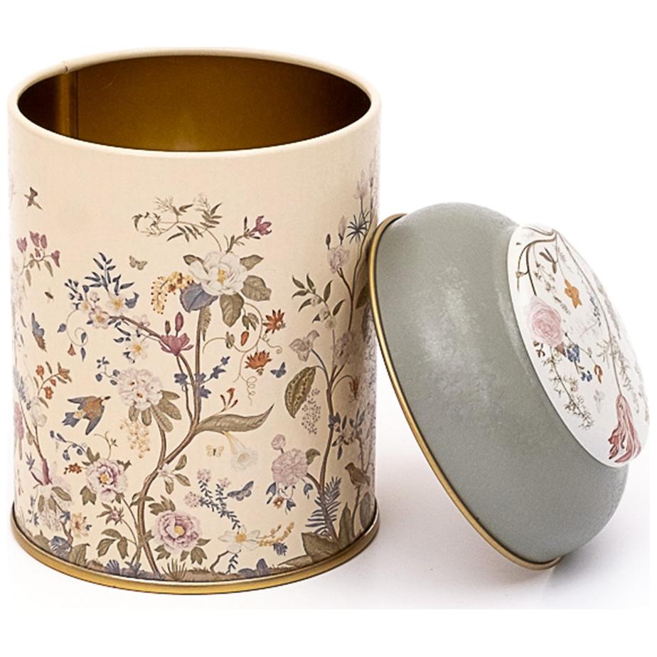 Ø90 x 110 mm Yuvarlak Metal Teneke Kutu – 0,6 L, Kubbeli Kapaklı, Çiçek Desenli, Pastel Sarı — Yuvarlak Kutular — Tinbox