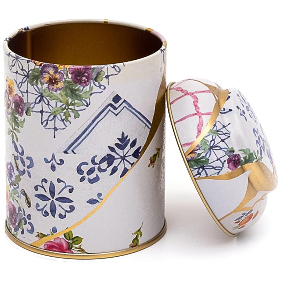 Ø90 x 110 mm Yuvarlak Metal Kutu – 0,6 L, Kubbeli Kapaklı, Kintsugi Altın Damarlı Çiçek Desenli — Yuvarlak Kutular — Tinbox