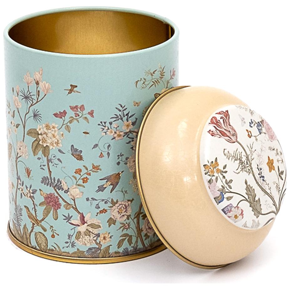 Ø90 x 110 mm Round Metal Tin – 0.6L with Dome Lid Floral Design Pastel Blue — Round Boxes — Tinbox