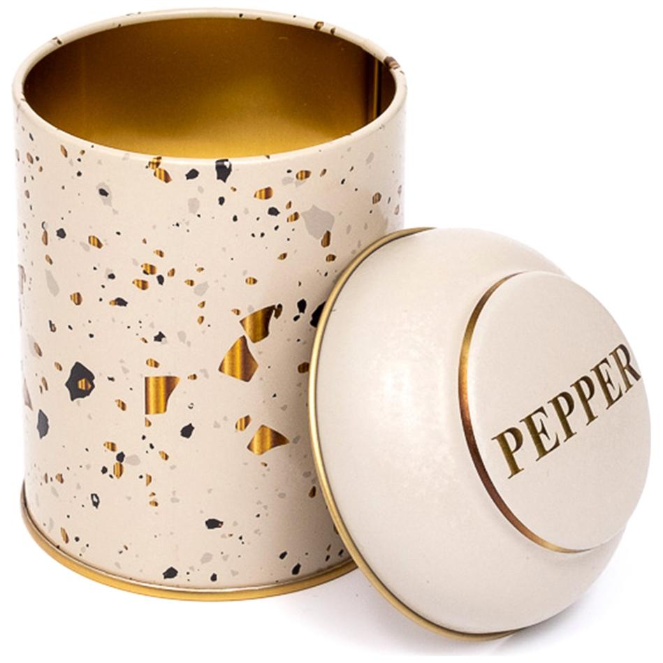 Ø90 x 110 mm Yuvarlak Metal Teneke Kutu – 0,6 L, Kubbeli Kapaklı, Terrazzo Krem Rengi — Yuvarlak Kutular — görsel 2 / 2 — …