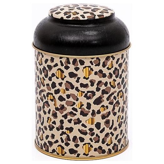 Ø90 x 110 mm Yuvarlak Metal Kutu – 0,6 L, Kubbeli Kapaklı, Altın Leopar Desenli — Yuvarlak Kutular — görsel 2 / 4 — Tinbox