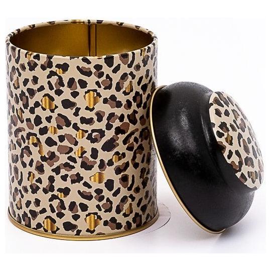 Ø90 x 110 mm Yuvarlak Metal Kutu – 0,6 L, Kubbeli Kapaklı, Altın Leopar Desenli — Yuvarlak Kutular — görsel 3 / 4 — Tinbox