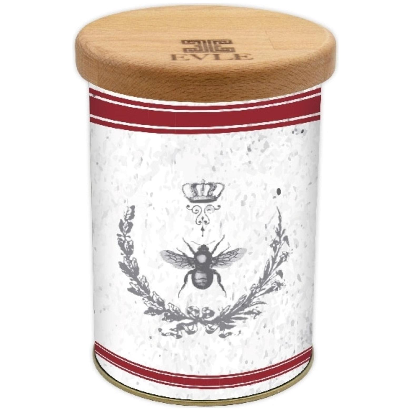 Ø90x110 mm Yuvarlak Metal Teneke Kutu 0.6L Ahşap Kapaklı Vintage Bee & Laurel Elegance — Yuvarlak Kutular — Tinbox