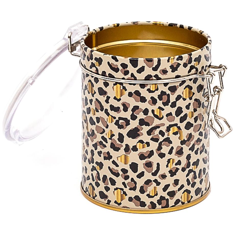 Ø90x110 mm Round Metal Storage Box with Wire Clasp and Transparent Lid Gold Leopard Print Pattern — Round Boxes — Tinbox