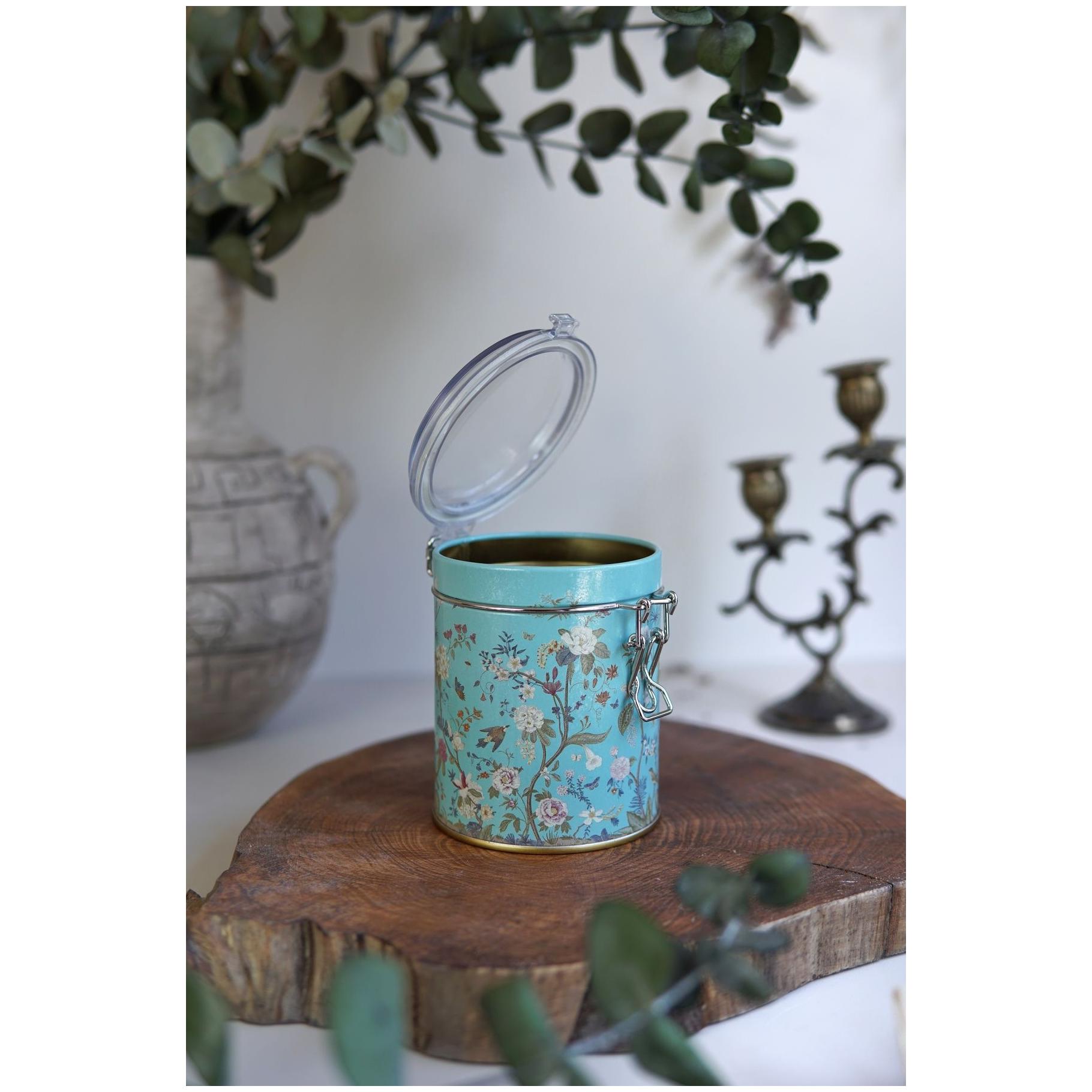 Ø90x110 mm Round Metal Storage Box with Wire Clasp and Transparent Lid Floral Design Pastel Blue — Round Boxes — view 3 of…