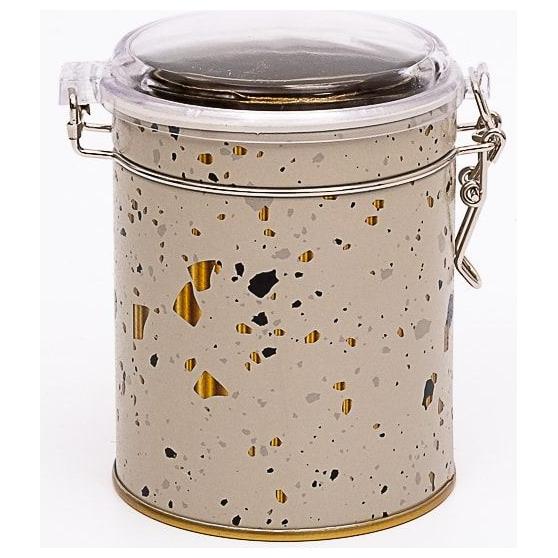 Ø90x110 mm Yuvarlak Metal Saklama Kutusu, Tel Tokalı ve Şeffaf Kapaklı, Terrazzo Krem Rengi — Yuvarlak Kutular — görsel 1 …