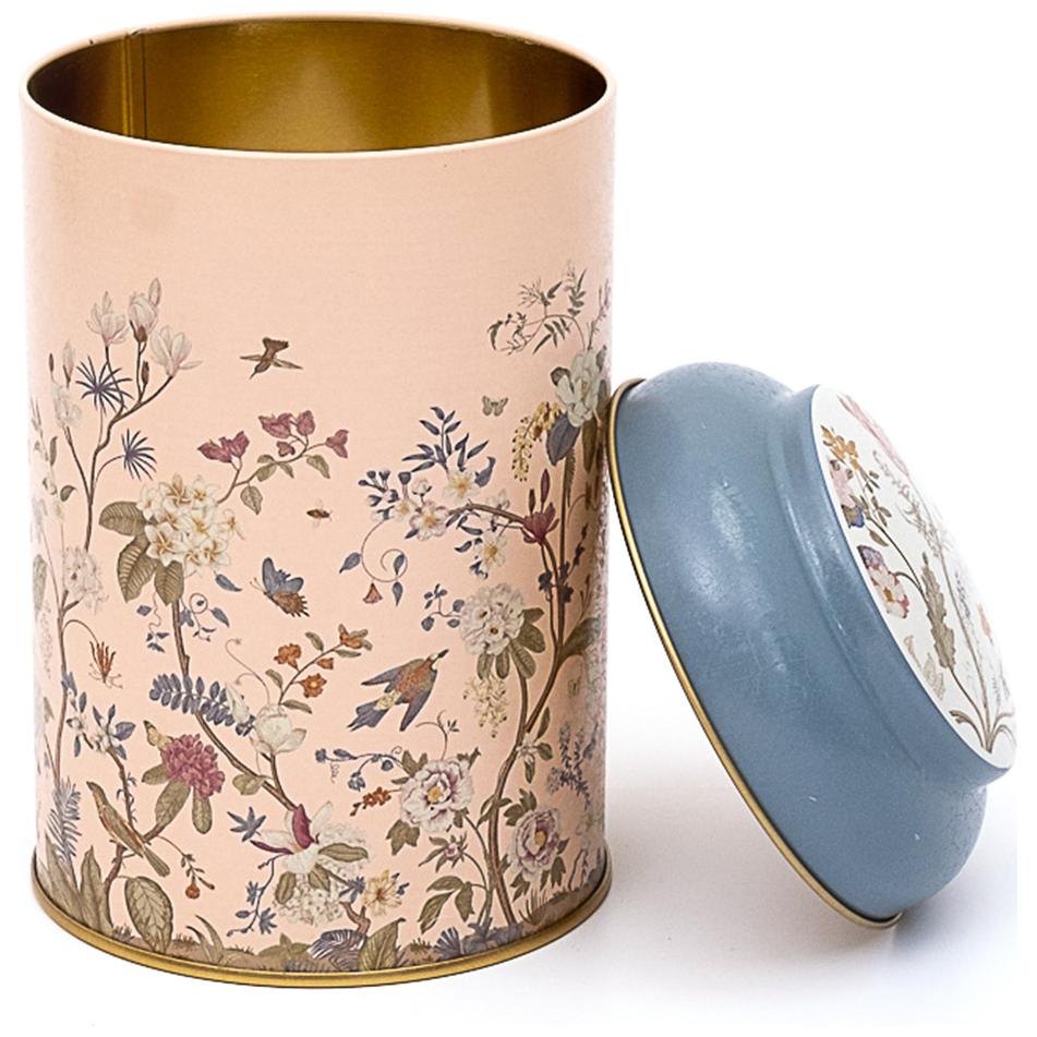 Ø105 x 150 mm Yuvarlak Metal Teneke Kutu – 1,2 Litre, Kubbeli Kapaklı, Çiçek Desenli, Pastel Pembe — Yuvarlak Kutular — Ti…
