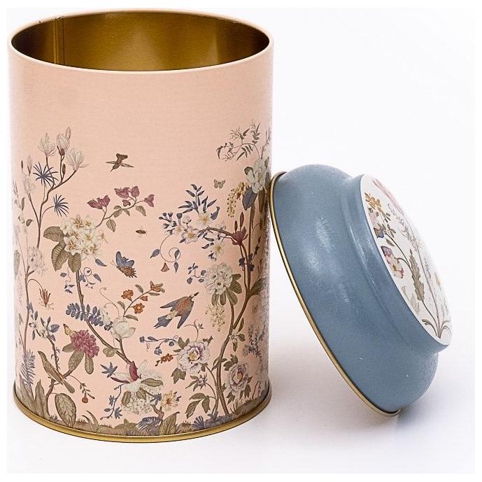 Ø105 x 150 mm Yuvarlak Metal Teneke Kutu – 1,2 Litre, Kubbeli Kapaklı, Çiçek Desenli, Pastel Pembe — Yuvarlak Kutular — gö…