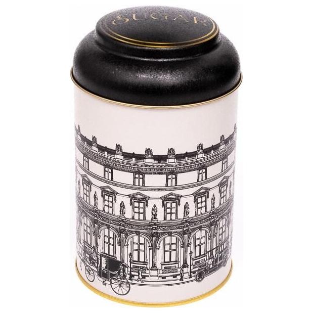 Ø105 x 150 mm Yuvarlak Metal Kutu – 1,2 L, Kubbeli Kapaklı, Vintage Şehir Manzaraları İllüstrasyonu — Yuvarlak Kutular — g…