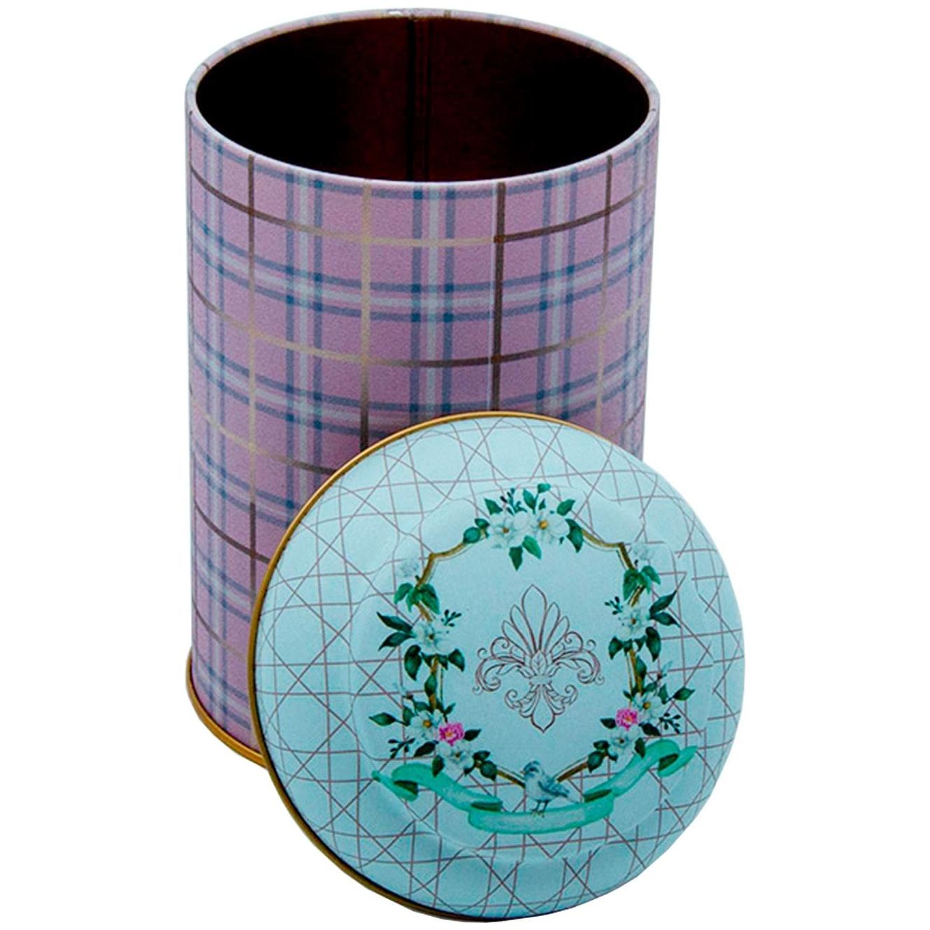 Ø105 x 150 mm Yuvarlak Metal Kutu – 1,2 L, Kubbeli Kapaklı, Pembe Ekose Desenli — Yuvarlak Kutular — görsel 2 / 2 — Tinbox