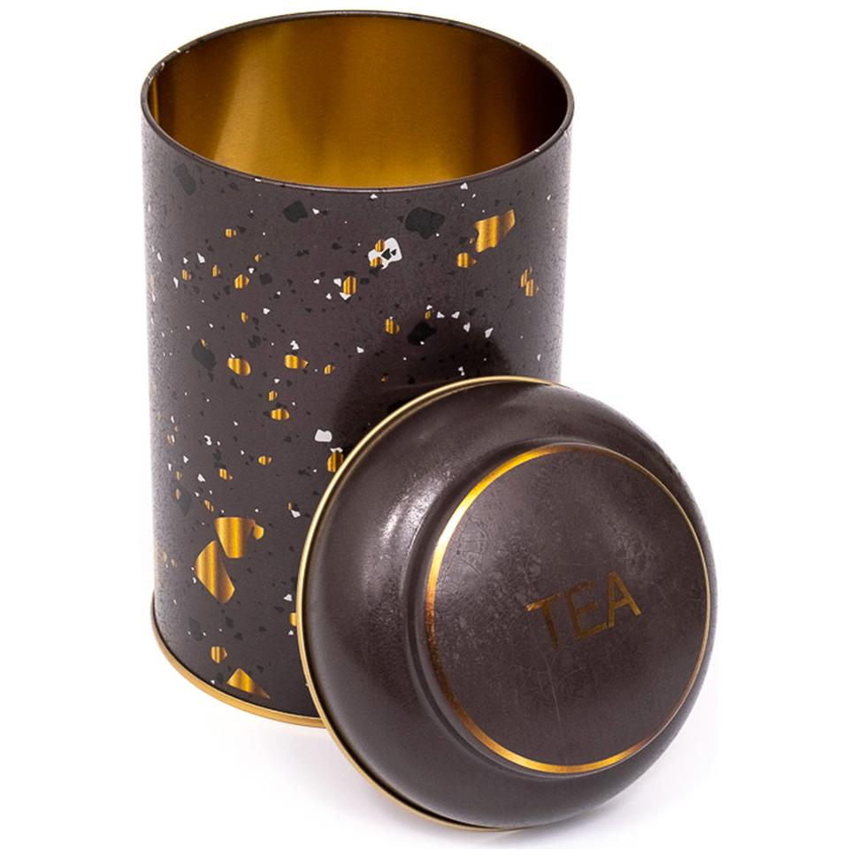 Ø105 x 150 mm Yuvarlak Metal Kutu – 1,2 L, Kubbeli Kapaklı, Terrazzo Kahverengi — Yuvarlak Kutular — Tinbox