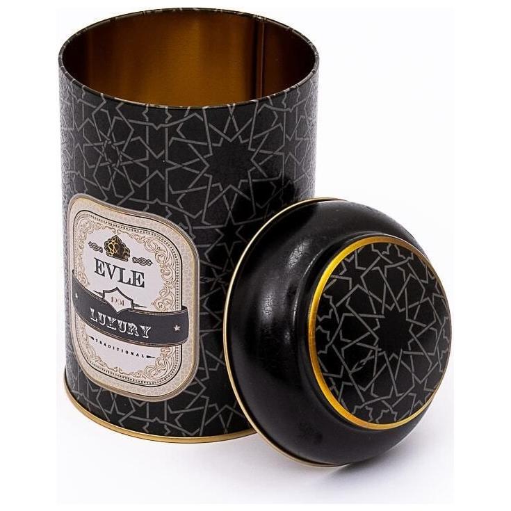 Ø105 x 150 mm Yuvarlak Metal Kutu – 1,2 L, Kubbeli Kapaklı, Altın Geometrik Desenli, Siyah Arka Planlı — Yuvarlak Kutular …