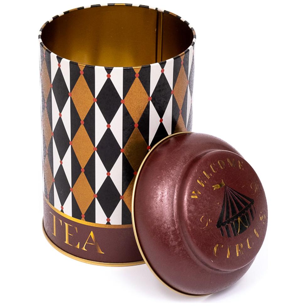 Ø105 x 150 mm Yuvarlak Metal Teneke Kutu – 1,2 Litre, Kubbeli Kapaklı, Klasik Sirk Zarafeti — Yuvarlak Kutular — Tinbox
