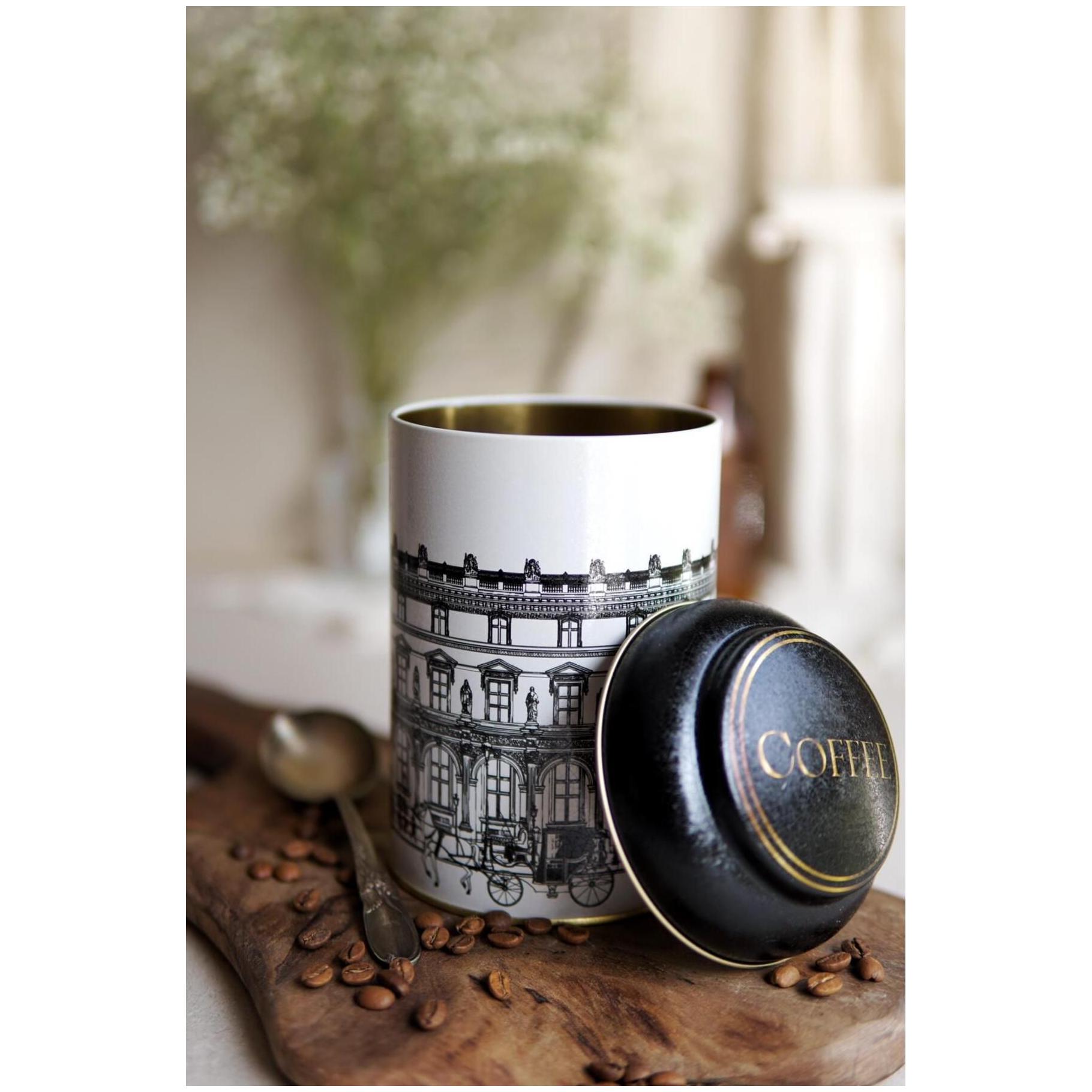Ø105 x 150 mm Yuvarlak Metal Kutu – 1,2 L, Kubbeli Kapaklı, Vintage Şehir Manzaraları İllüstrasyonu — Yuvarlak Kutular — g…