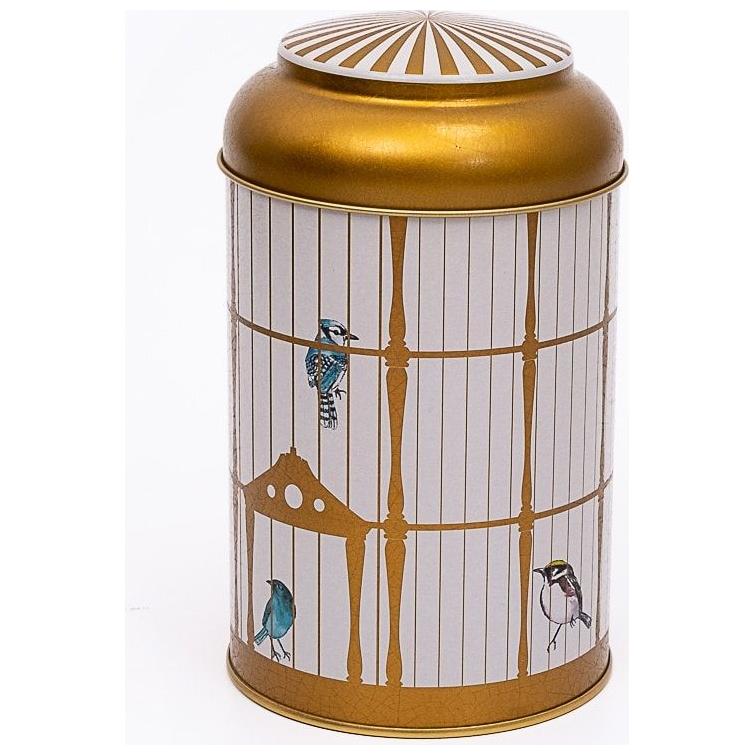 Ø105 x 150 mm Yuvarlak Metal Kutu – 1,2 L, Kubbeli Kapaklı, Renkli Kuşlarla Süslü Eski Tarz Kuş Kafesi İllüstrasyonu — Yuv…