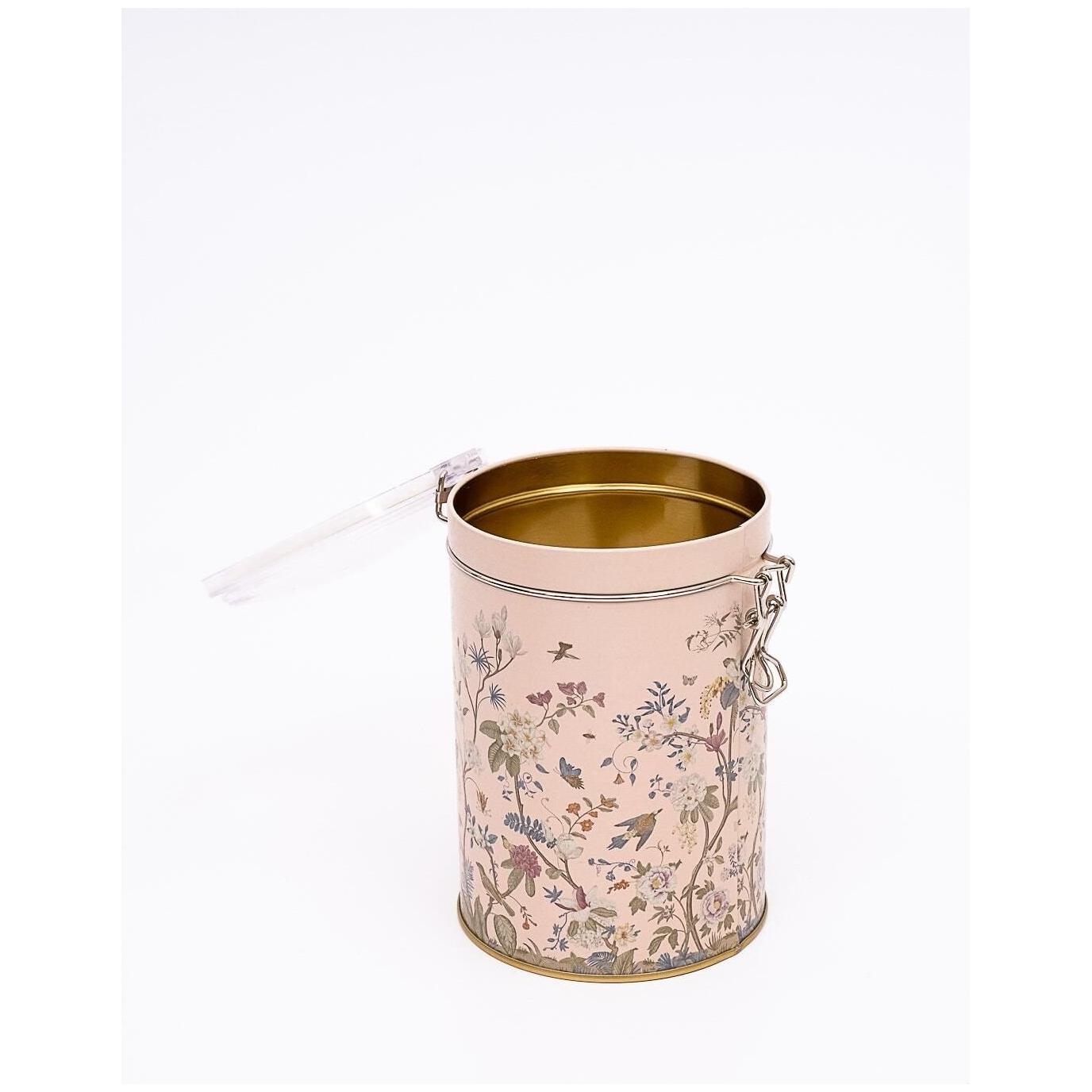 Ø105x150 mm Yuvarlak Metal Kutu 1.1L Tel Tokalı ve Şeffaf Kapaklı Çiçek Desenli Pastel Pembe — Yuvarlak Kutular — görsel 2…