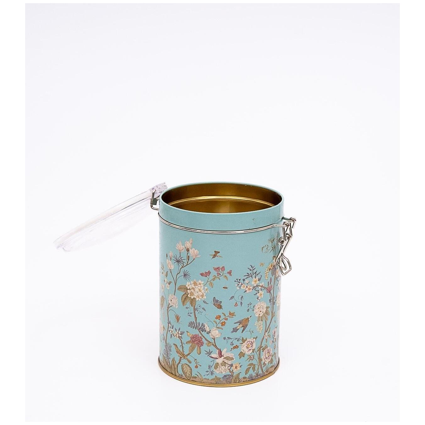 Ø105x150 mm Round Metal Box 1.1L Wire Clasp and Transparent Lid Floral Design Pastel Blue — Round Boxes — view 2 of 3 — Ti…