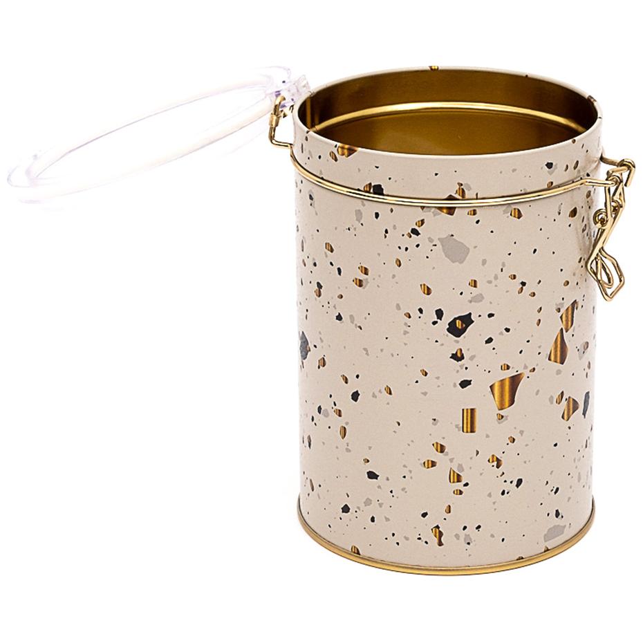 Ø105x150 mm Yuvarlak Metal Kutu 1.1L Tel Toka ve Şeffaf Kapak Terrazzo Krem — Yuvarlak Kutular — görsel 2 / 2 — Tinbox