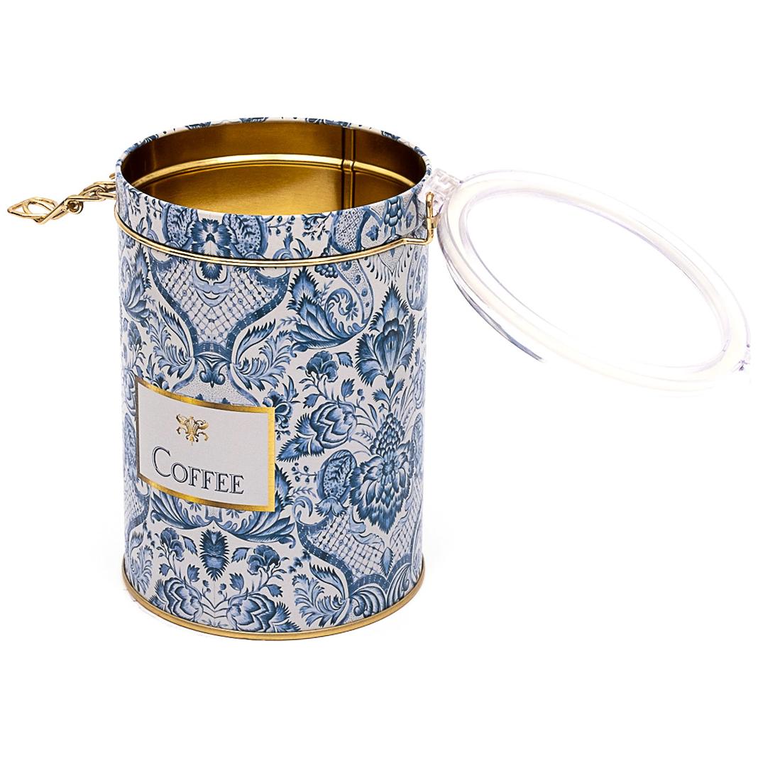 Ø105x150 mm Yuvarlak Metal Kutu 1.1L Tel Toka ve Şeffaf Kapak Azulejo Esintili Mavi ve Beyaz Dekoratif Desen — Yuvarlak Ku…
