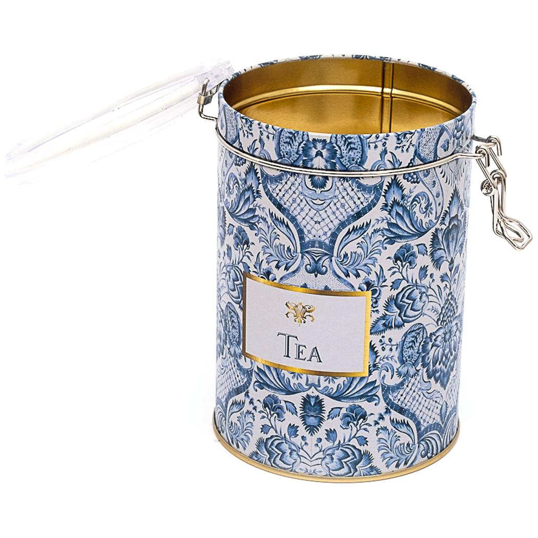 Ø105x150 mm Yuvarlak Metal Kutu 1.1L Tel Toka ve Şeffaf Kapak Azulejo Esintili Mavi ve Beyaz Dekoratif Desen — Yuvarlak Ku…