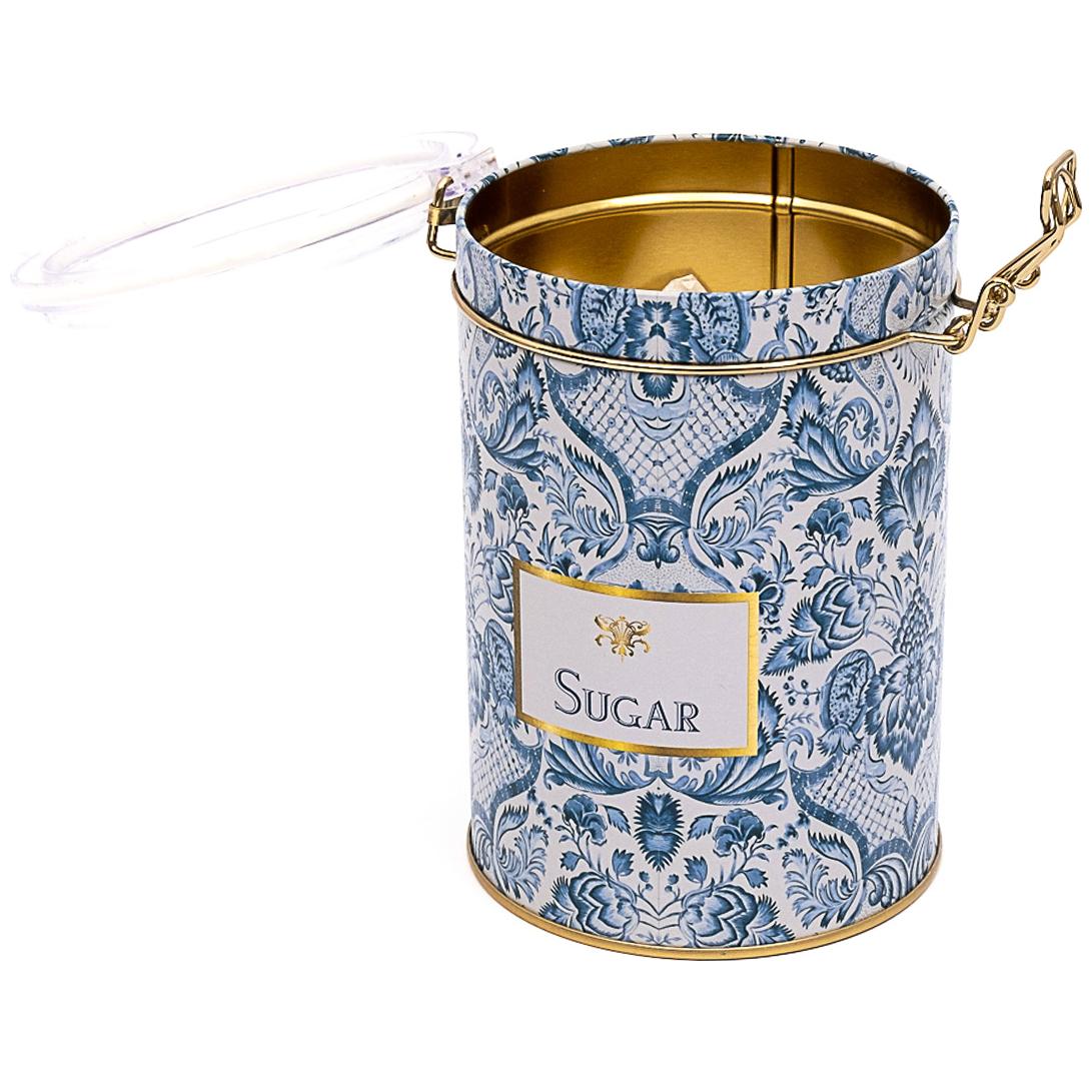 Ø105x150 mm Yuvarlak Metal Kutu 1.1L Tel Toka ve Şeffaf Kapak Azulejo Esintili Mavi ve Beyaz Dekoratif Desen — Yuvarlak Ku…