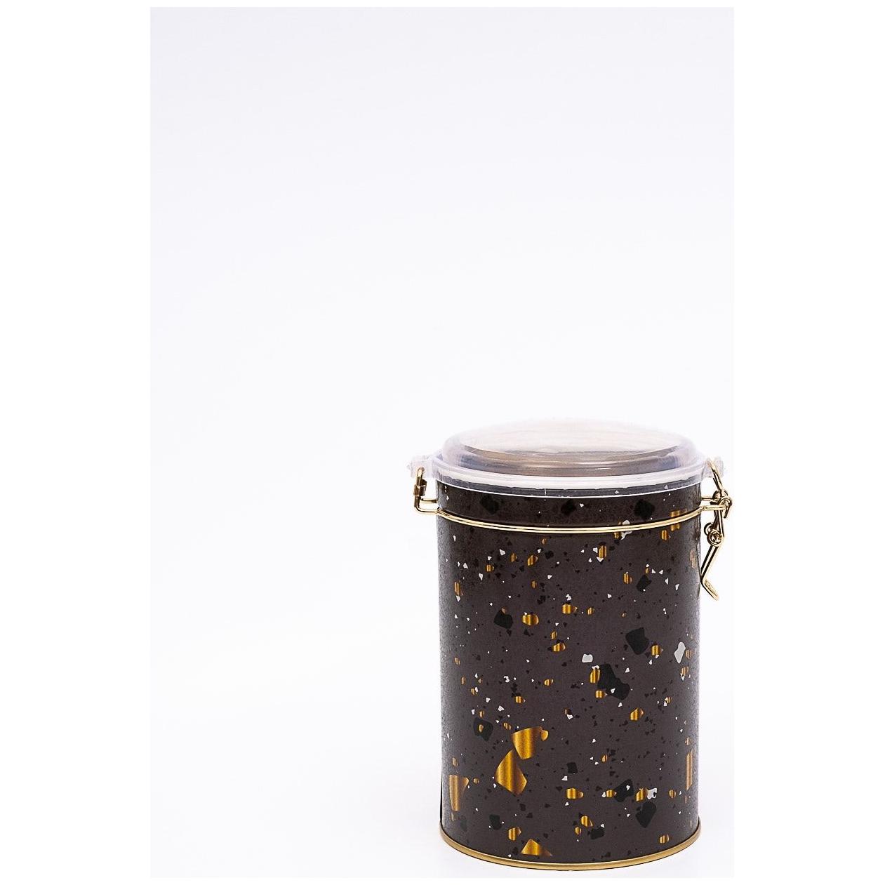 Ø105x150 mm Yuvarlak Metal Kutu 1.1L Tel Kilitli ve Şeffaf Kapaklı Terrazzo Kahverengi — Yuvarlak Kutular — Tinbox