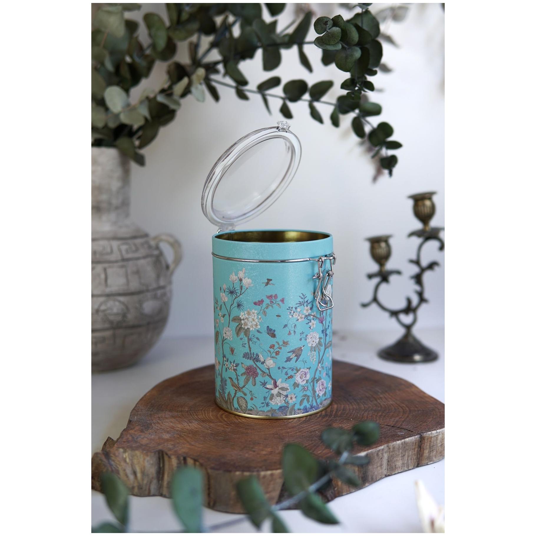 Ø105x150 mm Round Metal Box 1.1L Wire Clasp and Transparent Lid Floral Design Pastel Blue — Round Boxes — view 3 of 3 — Ti…