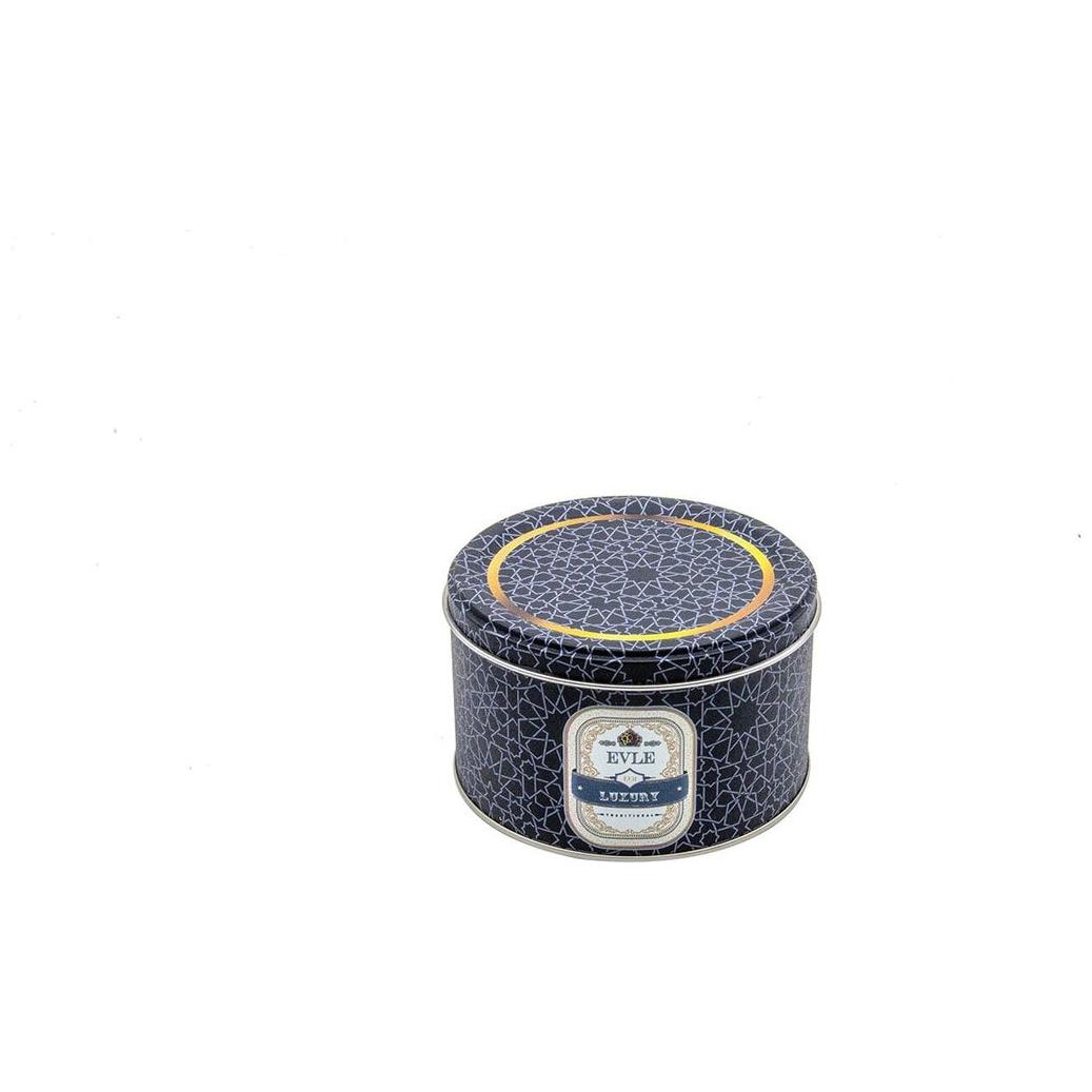 Ø140x80 mm Yuvarlak Teneke Kutu, Sürgülü Kapak, 1.1L, Altın Geometrik Desen, Siyah Zemin — Yuvarlak Kutular — görsel 2 / 3…